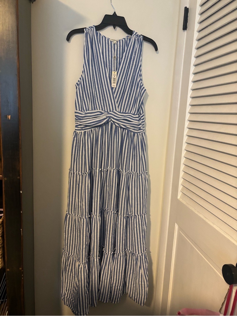 Max Studio Blue and White Striped Knot-Waist Maxi Dress